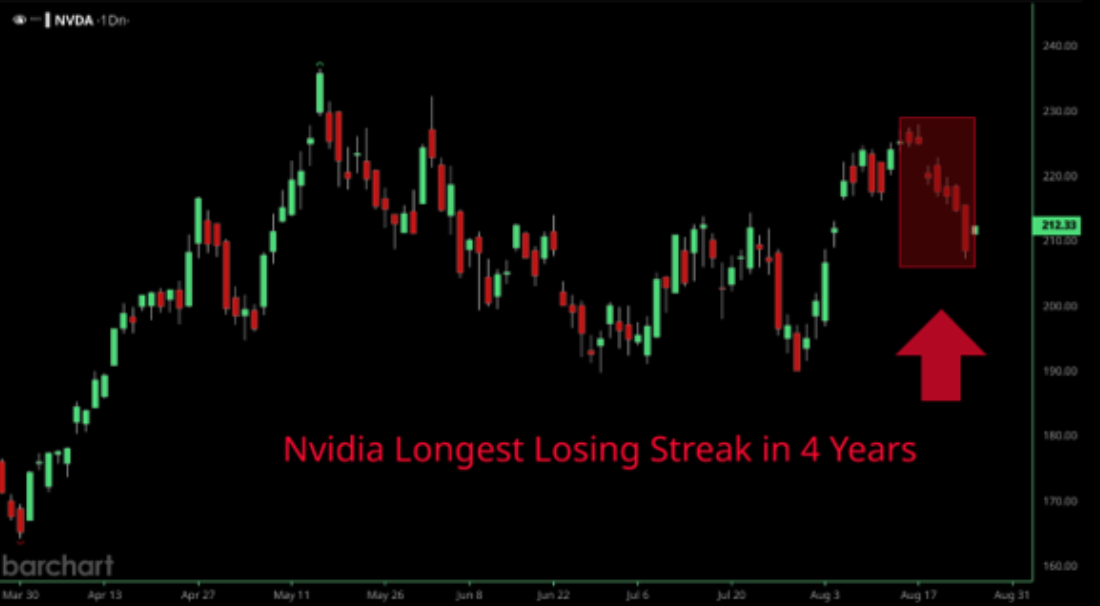 7-дневная серия снижения акций Nvidia перед отчетом (Источник: Barchart)