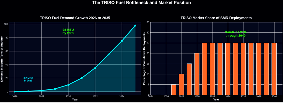 Рост спроса на топливо TRISO и его доля в сегменте реакторов SMR (Источник: TME/GS data)